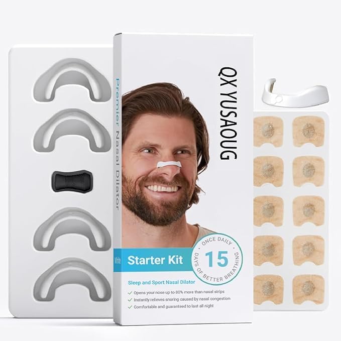 QX YUSAOUG Breathing Nasal Strip Starter Kit 15 Count - Boost Oxygen, Reduce Snoring, Improve Sleep Quality - No Medicine or Chemicals, Sweat Resistant, Skin Safe Nasal Strips, White Arc