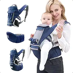 AIEBAO Bolsa Canguru, Ergonômica, 12 Posições, 3 Em 1, 3 Bolsos Externos, Bebês 0 a 36 Meses, Capacidade 0 a 36 quilos, Poliéster Algodão e Isopor. (Azul)