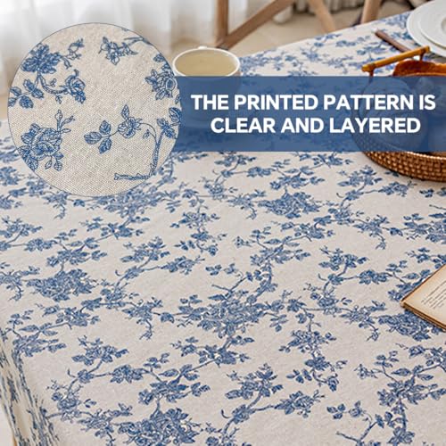 Image of HASTHIP Floral Table Cloth - 150x180cm Blue Linen with Tassel, Rustic Elegant Cotton-Linen Blend Dining Table Cover, Decorative Protector for Kitchen, Dining Room & Outdoor Use