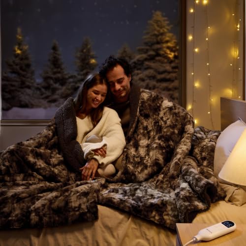 Image of Bedsure Faux Fur Tie-Dye Heated Blanket King Size with Dual Control, Brown