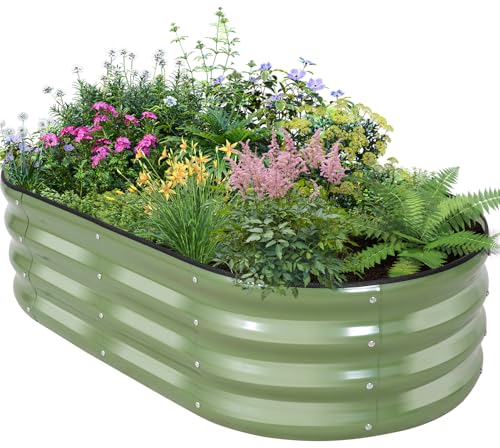 BIRDSINYARD Galvanized Raised Garden Bed Outdoor - 4×2×1ft Planter Raised Beds for Gardening | Oval Metal Garden Planter Box with Safety Edging and Gloves for Vegetables Fruits and Flowers OliveGreen