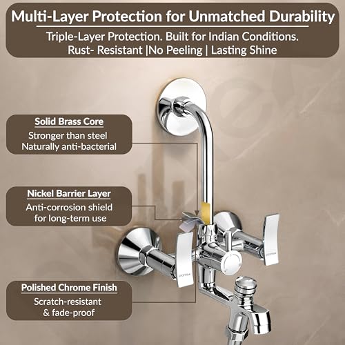 Image of Plantex Pure Brass 3-in-1 Wall Mixer with L-Bend Provision for Overhead and Hand Shower /Bathroom Mixer Tap with Brass Wall Flange & Teflon Tape /Wall Mixer for Bathroom - (Star, Chrome)