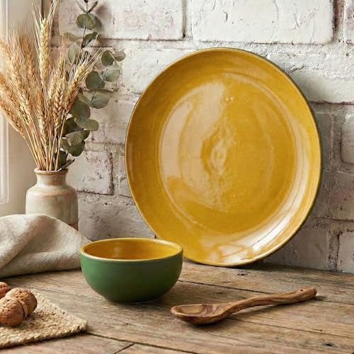 Image of The Earth Store Handcrafted Mustard Novelle 8 Piece Ceramic Dinner Set, 4 Full Dinner Plates, 4 Vegetable Bowls | Microwave & Dishwasher Safe | Ceramic Plate | Katori