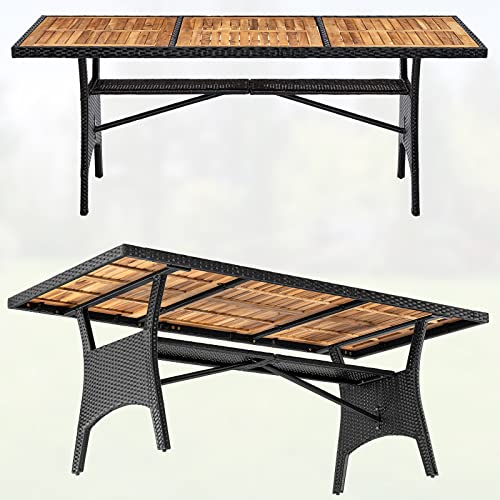 Casaria® Polyrattan Gartentisch mit Ablage FSC®- zertifiziertes Akazienholz 190x90cm Höhenverstellbar Wetterfest Garten Terrasse Esstisch Tisch Schwarz