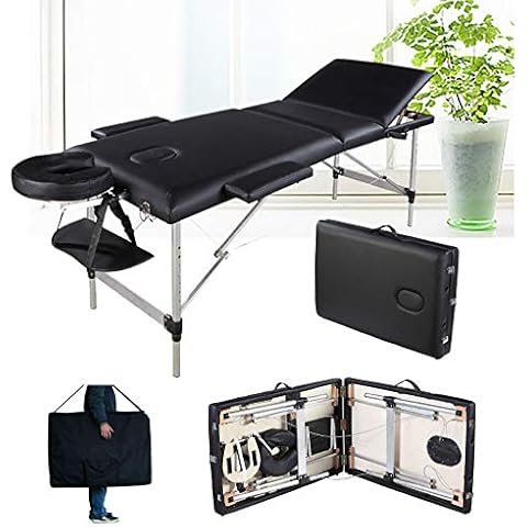 Folding Massage Table Couch Bed Professional Beauty Tattoo Spa Reiki Portable 3 Section Adjustable Height Headrest Aluminum Feet Comes with Carrying Bag - Black Cover