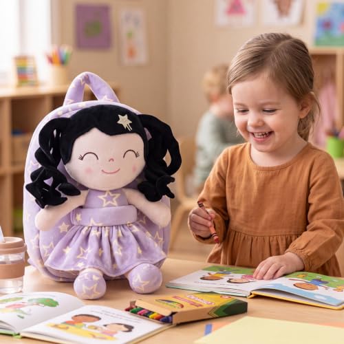 Image of Gloveleya Toddler Backpacks Baby Girl Gifts Curly Hair Plush Figures Dress Backpack Kids Backpack Curly Hair Spring Girl - Black Head Purple Star 9''