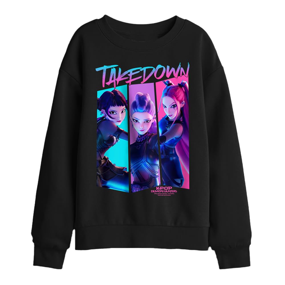 Kpop Demon Hunters Huntrix Demons Takedown Comic Kids Sweatshirt, Black, 12-13Y