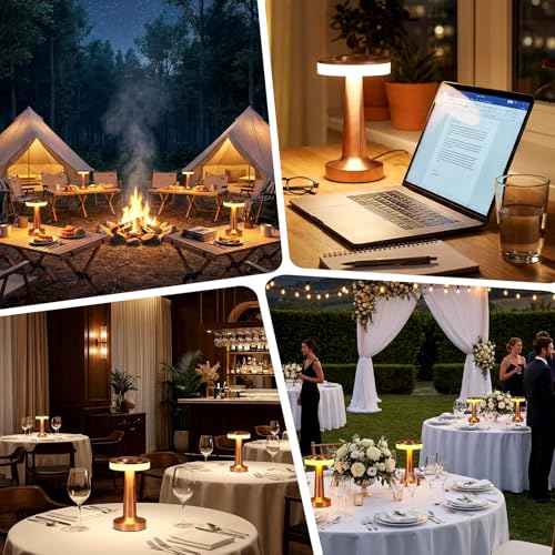 Image of Riakrum 2 Pcs LED Cordless Table Lamp Bulk Rechargeable,Rose Gold | Portable Wireless Lamps, 3 Color Stepless Dimming, 15 Hour Battery, Touch Control, Wedding Home Restaurant Decor