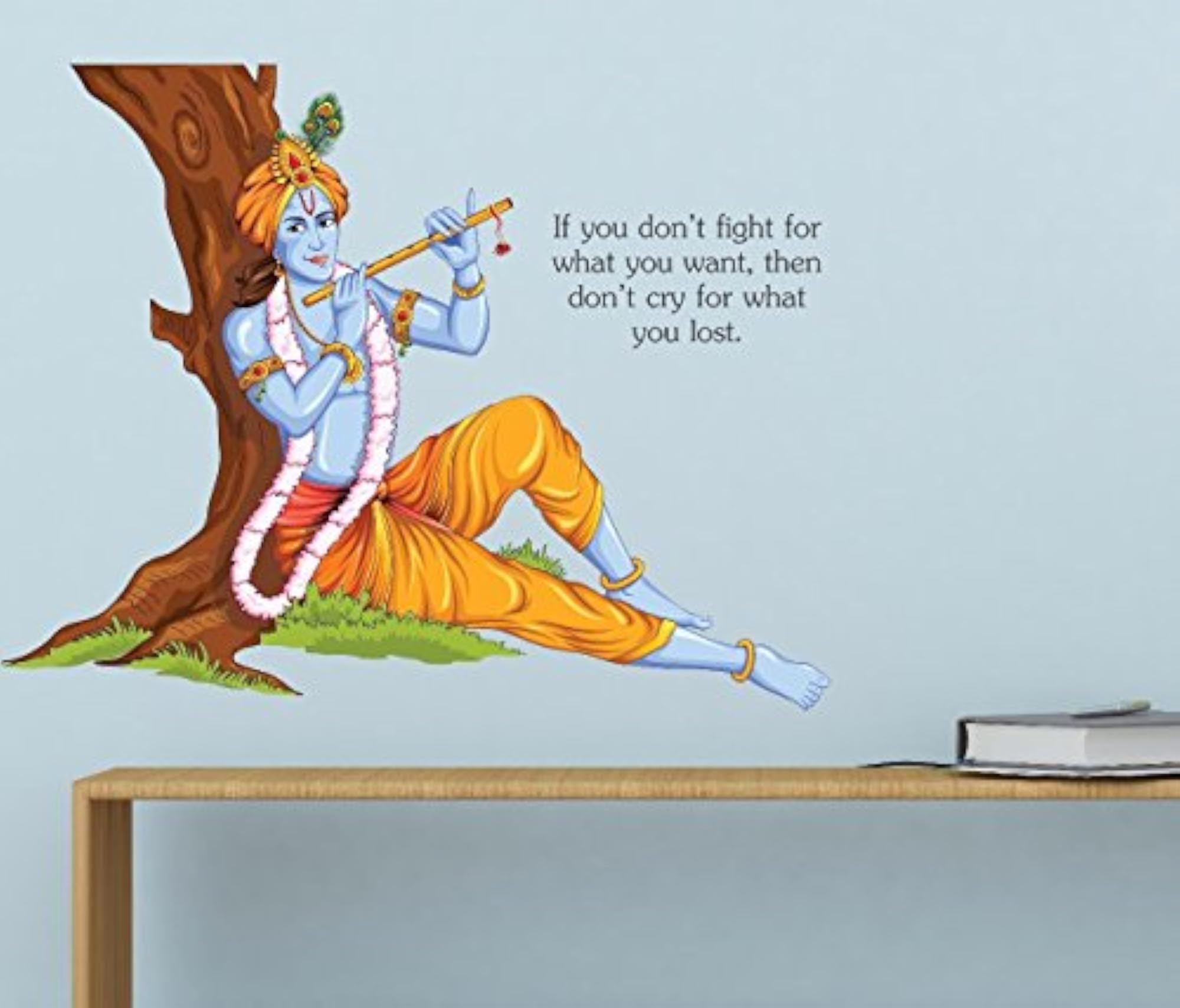 Lord Krishna Sitting Under Tree Wall Sticker, Multicolor