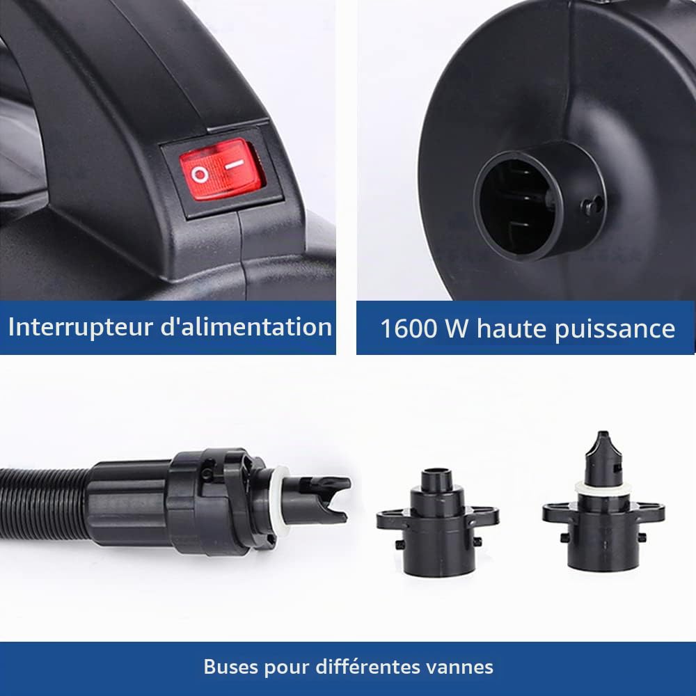 Pompe électrique portable de 1600 W - Gonflage rapide - Avec 2 buses - Pour matelas gonflable et bateau