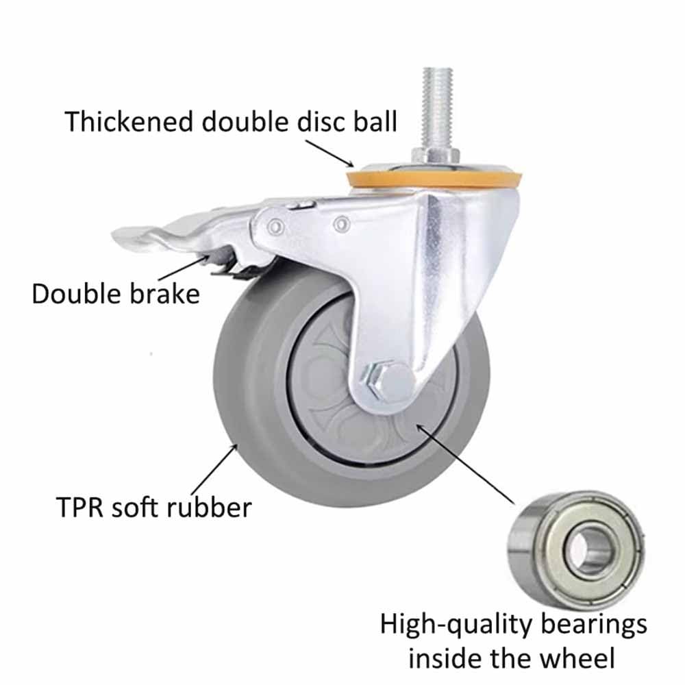 75mm Lenkrollen mit Gewinde M14x30mm, 4pcs Universal Bremsrollen, Schwerlastrollen mit Verriegelung, Ersatz Gummiräder für Möbel, Trolley, Tragkraft 180kg