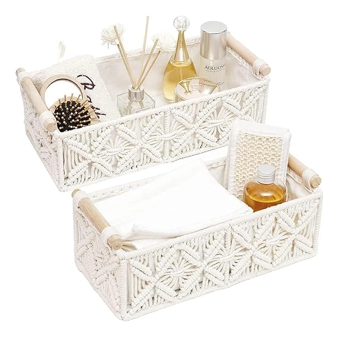 GUL DÉCOR | Macrame Storage Basket Tray Set of 2, Cotton Lined Boho Decor Hamper Cabin Organizer Countertop with Wooden Handle for Gifts Events Party Bedroom Bathroom Home Decoration Off-White (B0DDVJSX4F) Amazon Price History, Amazon Price Tracker