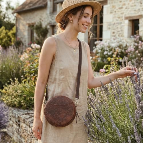 Image of S-ZONE Leather Crossbody Bags for Women Circle Shoulder Round Purse Travel