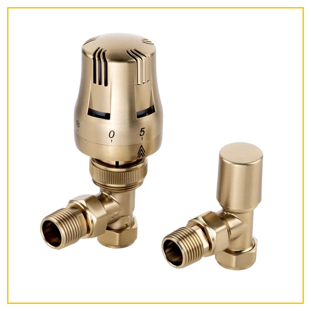 Rubberduck Bathrooms ECO Brushed Brass Angled TRV Thermostatic Radiator Valve + Lockshield Set - 1/2" Threads - Fits 15mm Pipework