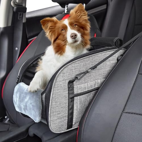 Petzauber Dog Car Seat for Small Dog - Center Console Dog Car Seat with Double Protection Safety Belt and Non-Slip Bottom, Portable Pet Booster Seat with Washable Cushion & Storage Pocket, Grey