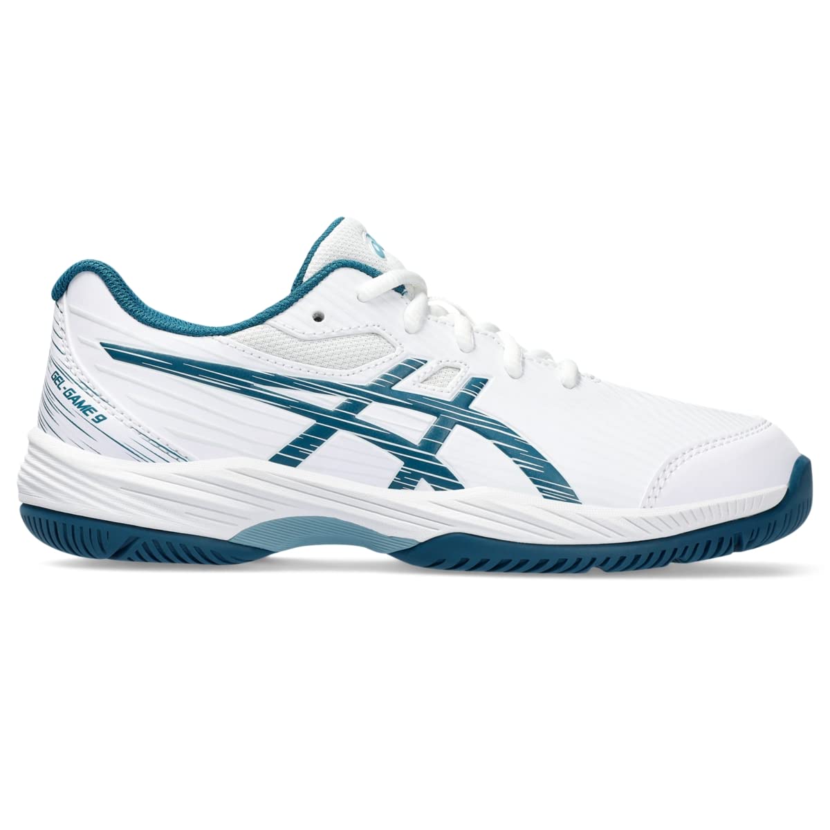 ASICS Kid's Gel-Game 9 Grade School Tennis Shoes, 2, White/RESTFUL Teal