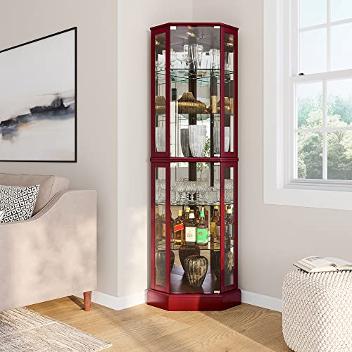 Image of BELLEZE Lighted Corner Display Curio Cabinet Wooden Curved Shelving Unit with Tempered Glass Door, Bar and Liquor Storage Area with 6 Shelves - Ashfield (Cherry)