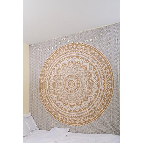 RawyalCrafts Original gold Ombre Tapestry Hippie Bohemian Intricate Gypsy Indian Magical Thinking Tapestry Wall Hanging, Boho Bedspread Cover
