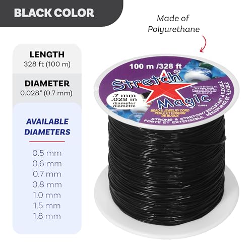 Image of Stretch Magic Elastic Beading Cord - Black Color, 0.7mm in Diameter, 100-Meter (328 ft) - Easy to Knot, Strong & Stretchy String for Making Beaded Jewelry