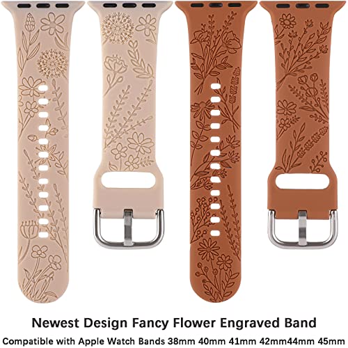 Flower Engraved Silicone Band Compatible With Apple Watch Bands 38Mm 40Mm 41Mm, Cute Women Wildflowers Floral Design Soft Sport Strap Replacement Wristbands For Iwatch Series 8 7/Se/6/5/4/3/2/1 (38/40/41Mm, Walnut Brown Brown) #TOP3