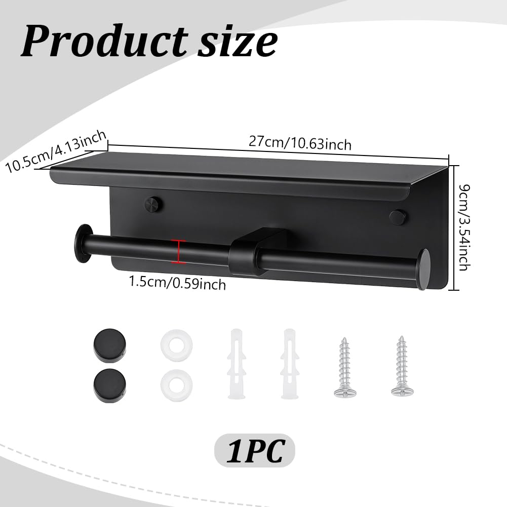 UNICRAFTALE Portarrollos de papel higiénico doble de acero inoxidable 201 negro con estante, para organización de baño, ideal para hogares y hoteles, 270 x 105 x 90 mm