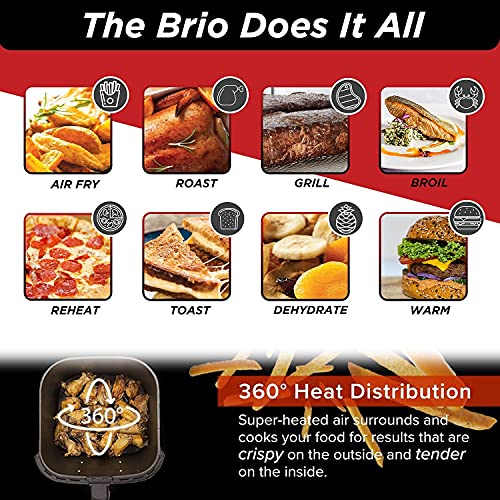This is a picture of a product for sale called Nuwave Brio 6-Quart Digital Air Fryer Including Non-Stick Baking Pan and Stainless-Steel Cooking Rack (6-Quart + Gourmet Kit),  Black