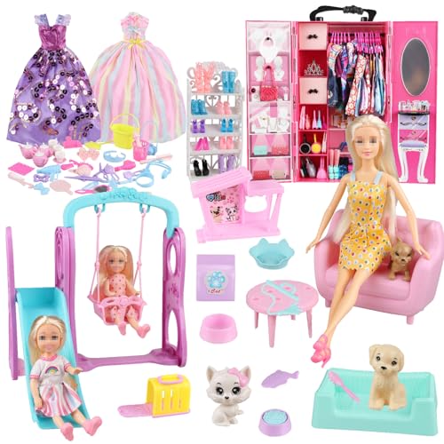 ZHENYETAI 174 Piece Doll Wardrobe&Toy Folding Wardrobe - Includes Folding Wardrobe+Swing Slide+Dog and Cat Pet House with Rich Accessories for Easy Storage