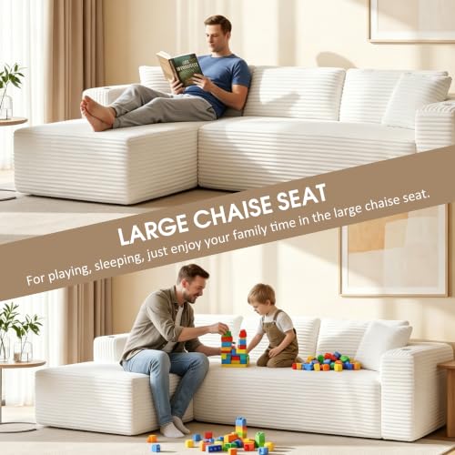 Image of 103 inch Modular Boneless Couches,Sectional Sofa for Living Room with 2 Cup Holders,Memory Foam Cloud Couch with L Shaped Oversized Chaise,No Assembly Needed Plush Corduroy Sofa,Beige