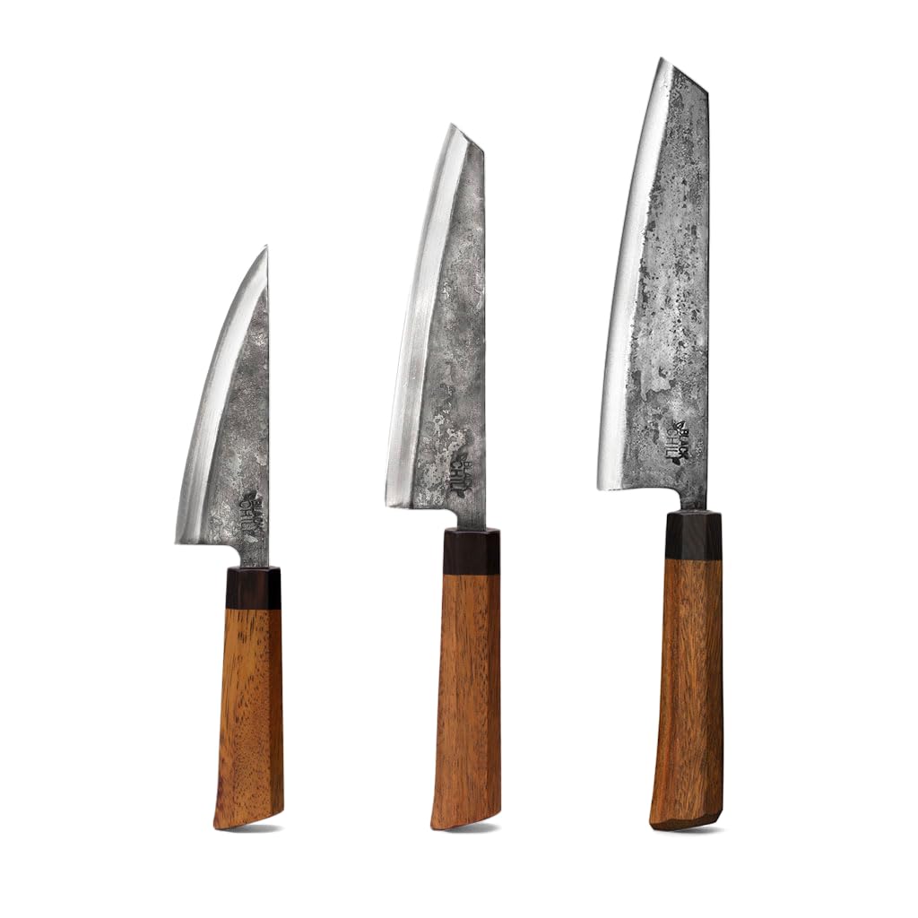 Küchenmesser Set (3-teilig) | Chefmesser, Santoku Messer & Gemüsemesser mit Eisenholz Griff | 13, 17 & 19 cm Carbonstahl Klinge | BLACK-PEARL-19, HABANERO-17 & JALAPENO-13