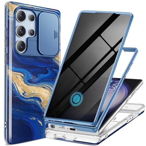 Image of GVIEWIN for Samsung Galaxy S23 Ultra Case, [Slide Camera Cover & Built-in Anti-Spy Privacy Screen Protector] [2 Front Frames] Shockproof Military Grade Marble Phone Case for S23 Ultra 6.8 inch (Cerulean)