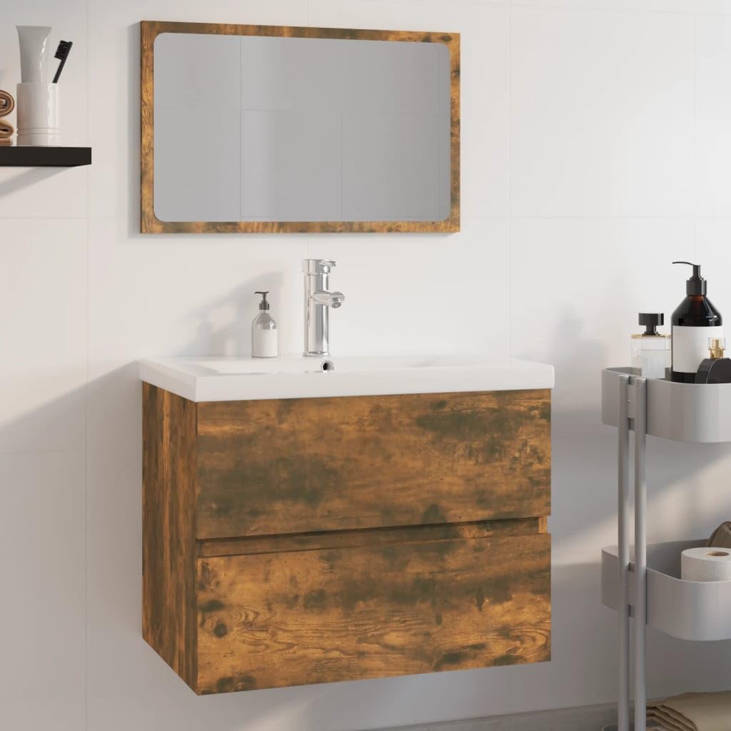 Juego de muebles de baño de madera de roble ahumado con armario para lavabo y espejo de pared, 60 x 38,5 x 45 cm, incluye grifo, muebles de baño para baño moderno, solución práctica de