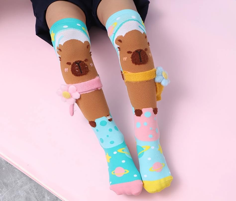 SAMVARDHAN Cute Capybara Cartoon Knee-High Socks with 3D Scarf & Flower-Soft, Comfortable and Stretchy, Fun Animal Socks for Kids 2