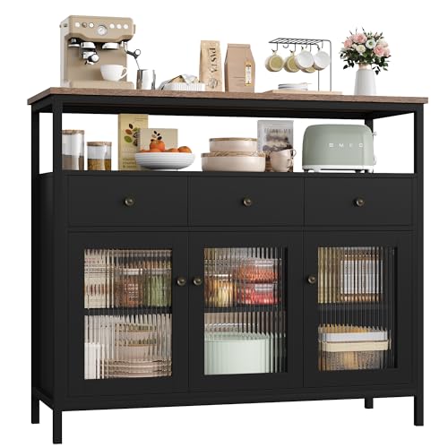 FirFurd Sideboard Küchenschrank mit Arbeitsplatte ＆3 Schubladen＆3 Glastüren, Buffetschrank Kommode Kaffeebar Mehrzweckschrank, Sideboard für Wohnzimmer Küche Esszimmer 108 x 38 x 98,5 cm schwarz