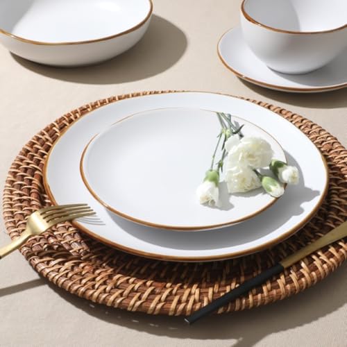 Image of Gibson Home Hazeltine 16-Piece White Stoneware Dinnerware Set - Plates and Bowls, Durable Ceramic Kitchen Dinner Set