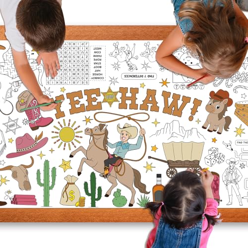 Image of Western Giant Coloring Poster for Kids 30x72 Inch, First Rodeo Large Coloring Poster Tablecloth, Cowboy Cowgirl Themed Color-in Activities Games for Kids School Classroom Home Birthday Party Decors
