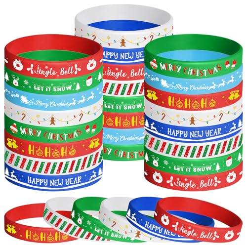 NEBURORA 48pcs Christmas Wristband Silicone Bracelets for Kids 8 Style Xmas Pattern Rubber Wristband Wrist Band Bulk for Merry Christmas Classroom Gifts Theme Party Decor Supplies Favor