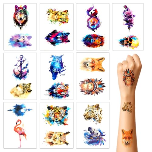 Vicloon Tatuajes Temporales, 20 Hojas Tatuajes Temporales para Adultos y Niños, Pegatinas de Tatuajes de Animales Pintadas, Tatuajes Lavables para Cuerpo Antebrazo Hombro Cuello, sin Dolor