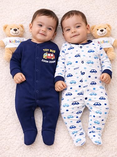 Image of Kidbee Baby Cotton Romper Pack of 2 | 100% Soft Cotton Hosiery | Front Open Snap Buttons | Full Sleeve Footed Sleepsuit | Newborn Baby Clothing Set