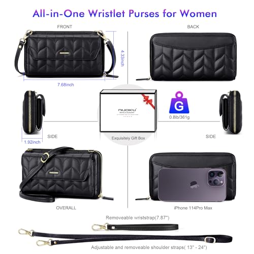 Image of nuoku Womens RFID Wallet Purse Wristlet Crossbody Clutch with Zip Around 2 Strap | RFID