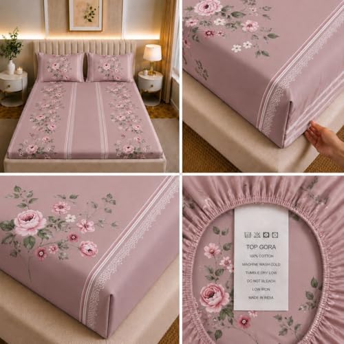 Image of Castiqa Elastic Fitted Supersoft Premium Polycotton 200TC King Size Bedsheets with 2 Pillow Covers (Fits Upto Mattress of 8Inches) (Rose, Full 72x78x8Inch)