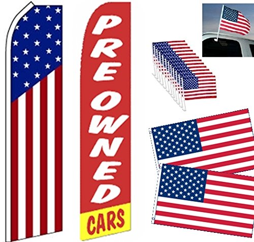 Car Auto Dealer Swooper Flag combo-US Flag-PreOwned-12 US Window-2 US 3X5