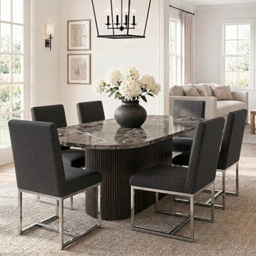 Image of HNY Modern Dining Chairs Set of 6, Upholstered Linen Dining Room Chairs with Ergonomic Back & Polished Silver Metal Frame for Home, Kitchen, Apartment, Charcoal Black