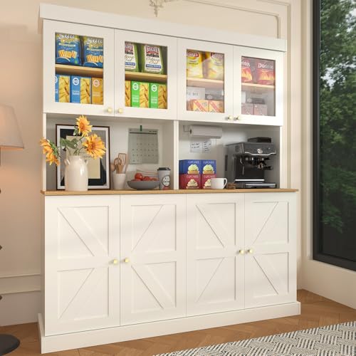 71\" Tall Farmhouse Kitchen Pantry, Large Storage Cabinet with Glass Doors, Freestanding Coffee Bar Hutch with Microwave Stand, Adjustable Shelves for Kitchen, Living Room, White 2 Pcs