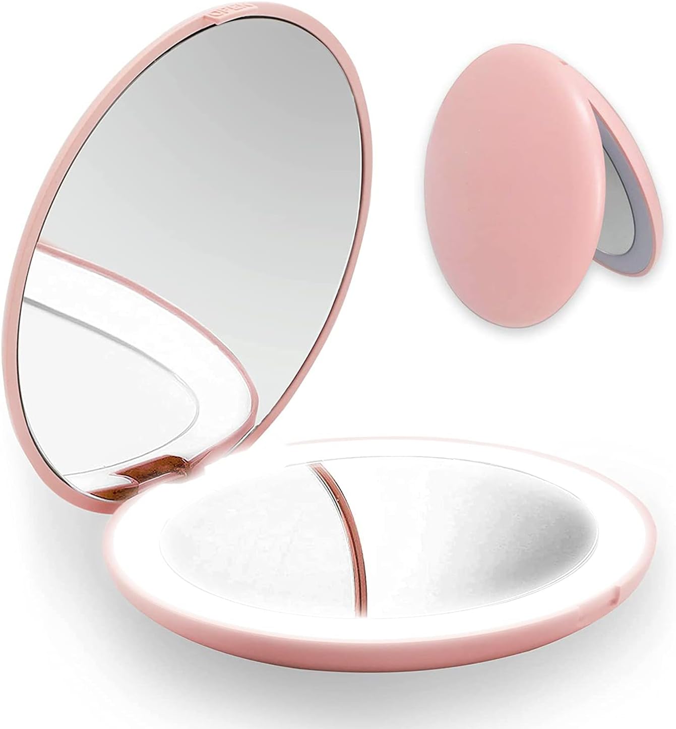 JIMOTEG LED Compact Makeup Mirror, 3.5 inch Lighted Double-Sided Mirror with Distortion Free 1x/10x Magnification, Portable Folding Mirror for Handbag, Purse and Pocket (Pink)