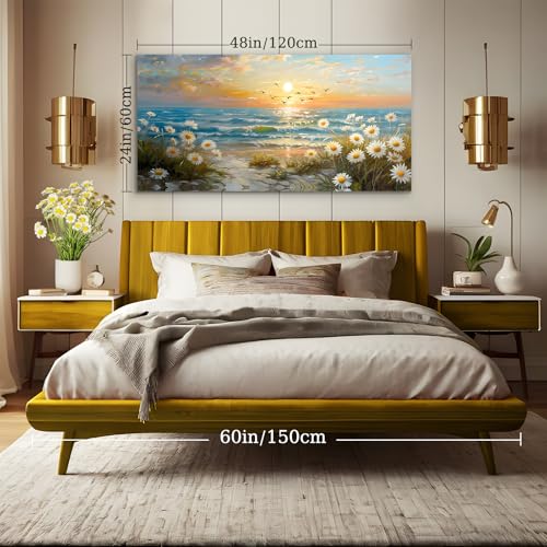 SERIMINO Large Canvas Wall Art Prints, Ocean Sunset Landscape Canvas Prints Paintings, Coastal Daisy Paintings Decor, Seaside Wildflowers Wall Decor for Bedroom Living Room Dining Room 24"X48"