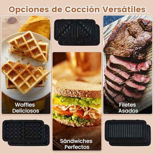 COSTWAY Sandwichera 3 en 1, 1082W Tostadora Grill con Placas Antiadherentes Extraíbles para Sándwich, Temperatura de 5 Niveles, Plancha Eléctrica para Panini con Luz indicadora y Asas Frías al Tacto - imagen 4