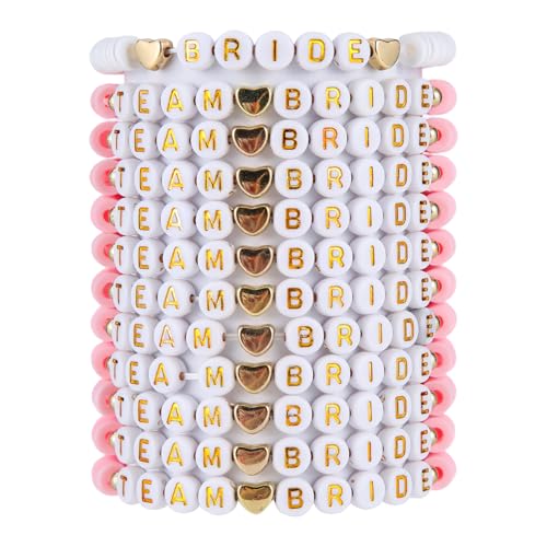 Leseogye 12 PCS Team Bride Bracelets 1 bridal bracelet and11 bridesmaid bracelets Hen Party Bracelet Premium Soft Clay and Acrylic Beaded Bridesmaid Team Bride Gift Hen Party Bags Fillers