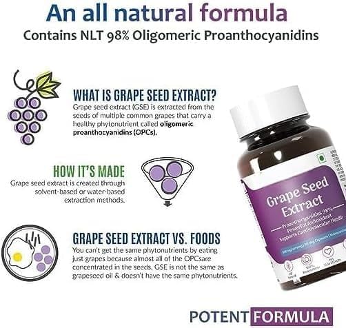 Grape Seed Extract 98% Polyphenols | 500 mg | Antioxidant Supplement Strengthens Immunity, Promotes Healthy Skin and Hair | 90 Veg Capsules