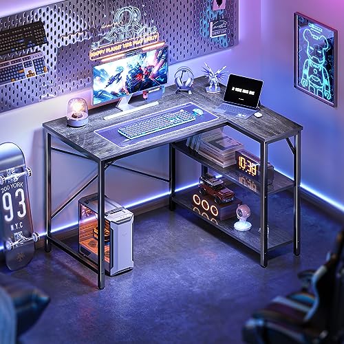 Huuger L Shaped Desk, 39 Inches Computer Desk with Reversible Storage Shelves, for Gaming Corner Home Office Writing Study, Metal Frame, Gray