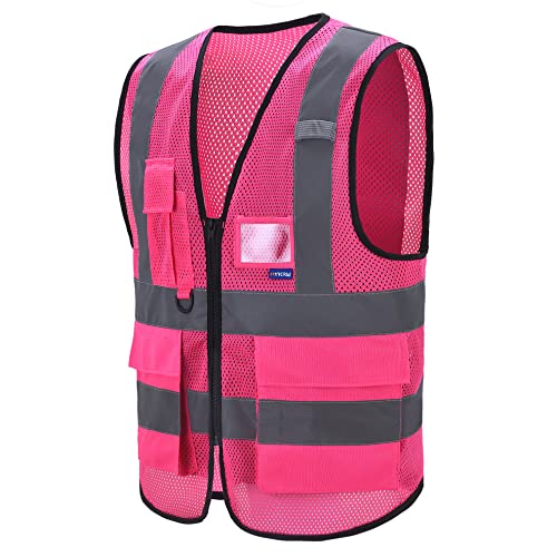 Image of High Visibility Mesh Vest, Clear ID Pocket, Zipper, Pink, 4XL-5XL | Pink 4XL-5XL breathable mesh vest with reinforced zipper pockets, clear PVC ID holder and mic tabs for volunteer events.